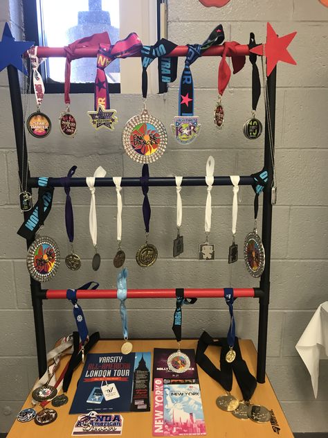 Ladder Ball to Display Medals at Graduation Party Graduation Medal Display, Medal Display Ideas For Graduation, Displaying Metals And Ribbons, Track Graduation Party Ideas, Grad Party Medal Display, How To Display Medals At Grad Party, Displaying Ribbons Awards, Academic Medals Display, Display Medals