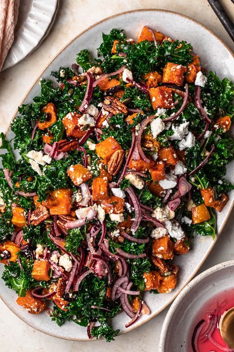 Lemon Dijon Dressing, Roasted Butternut Squash Salad, Quick Pickled Red Onions, Dijon Dressing, Autumn Salad Recipes, Massaged Kale, Butternut Squash Salad, Quick Pickled, Squash Salad