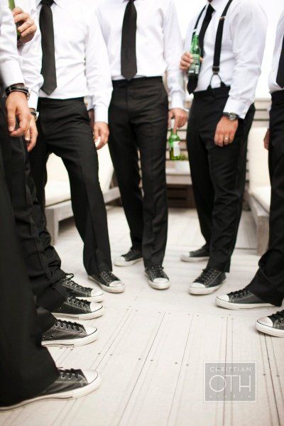 I like traditional weddings and all..but how cute would it be to match converse with the wedding colors?! Fun ideas! <3 White Tuxedo Wedding, Casual Groomsmen, Rockabilly Wedding, Mens Wedding Attire, Mens Attire, Groomsmen Attire, Groom And Groomsmen, City Wedding, Here Comes The Bride