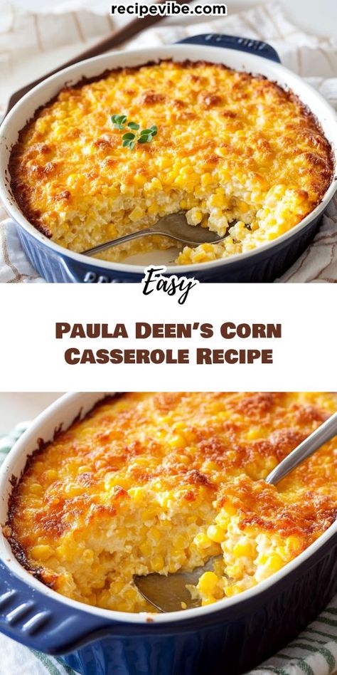 Want to add a comforting classic to your Thanksgiving menu? Paula Deen’s Corn Casserole Recipe is an easy-to-make dish that will delight your family and friends. Be sure to save this scrumptious recipe for a memorable Thanksgiving feast everyone will love! Pioneer Women Corn Casserole, Iowa Corn Casserole, Southern Corn Recipes Side Dishes, Corn Casserole For A Large Crowd, Thanksgiving Southern Side Dishes, Green Bean Corn Casserole, Honey Glazed Corn Casserole, Thanksgiving Recipes For A Crowd, Paula Dean Corn Casseroles