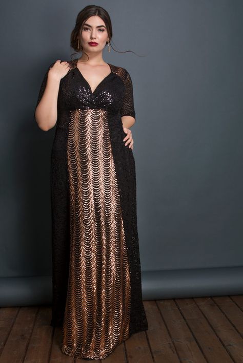 You'll make a grand entrance to your next party in our plus size Grand Gatsby Gown. This vintage-inspired dress is made with two different types of sequins for an extra-sparkly touch. Available exclusively in women's plus sizes. Made in the USA. Shop our entire collection of plus size evening gowns at www.kiyonna.com Gatsby Party Outfit Plus Size, Evening Gown Plus Size, Vintage Plus Size Fashion, Party Outfit Plus Size, Gatsby Gown, Gatsby Party Outfit, Plus Size Gown, Plus Size Gowns Formal, Plus Size Evening Gown