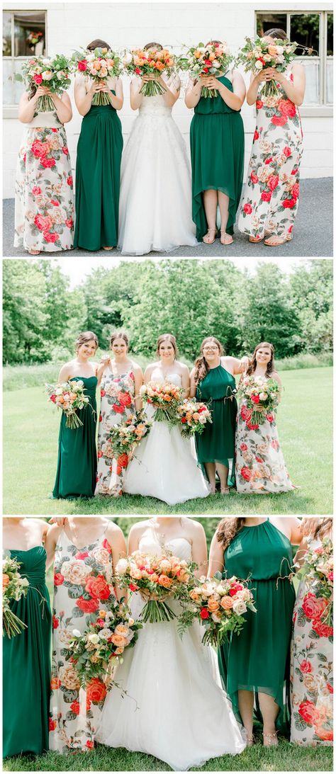 My bridesmaids gowns were cohesively mismatched. We ended up going with two girls in dark green chiffon dresses and the other two in a chiffon floral print dress. All of the dresses had different cuts so each bridesmaid felt comfortable.  Coral Mint and Rose Gold Bridesmaid dresses and bouquets: https://confettidaydreams.com/coral-mint-rose-gold-wedding-theme/  #bridesmaids #wedding #coralwedding #pinkwedding #gardenwedding #summerwedding #outdoorwedding Coral And Dark Green Wedding, Coral Green Wedding, Emerald And Coral Wedding, Emerald Green And Coral Wedding, Gold Wedding Theme Color Schemes, Green Backyard Wedding, Green And Coral Wedding, Coral And Green Wedding, Coral And Gold Wedding