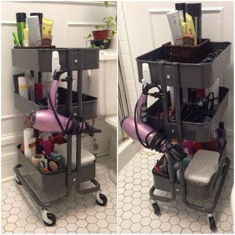 12 reasons why you need an IKEA Raskog Cart | DIY projects for everyone! Makeup Storage Cart, Makeup Organization Ikea, Raskog Ikea, Makeup Cart, Ikea Raskog Cart, Raskog Cart, Bathroom Cart, Ikea Makeup, College Bathroom