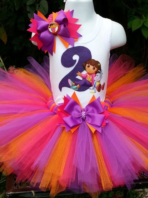 Birthday tutu outfit pink purple and orange by Partyadvantage Explorer Birthday Party, Tutu Birthday, Birthday Tutu Outfit, Muscle Shirt, Bday Girl, Purple And Orange, Dora The Explorer, Birthday Tutu, 4th Birthday Parties