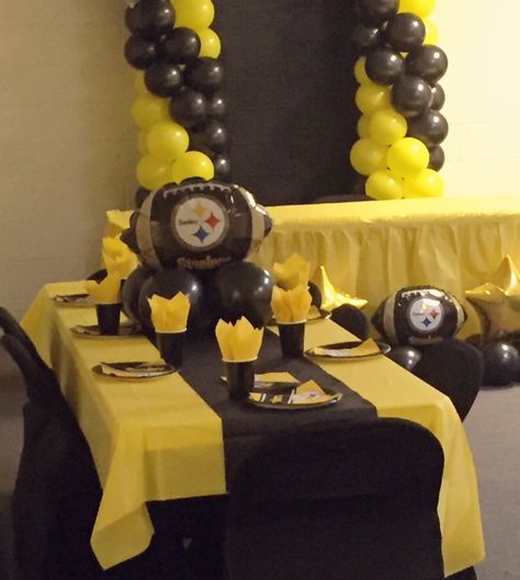 Pittsburgh Steelers party decorated by Decor By Yolanda Steelers Centerpieces, Steelers Birthday Party Ideas, Pittsburgh Themed Party, Steelers Football Party, Steelers Happy Birthday, 49ers Birthday Party, Steelers Birthday, Steelers Party, Steelers Decor