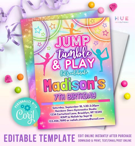 Rainbow Gymnastics Party, Gymnastics Theme Birthday, Gymnastics Theme Birthday Party, Gymnastics Birthday Party Invitations, Gymnastics Party Invitations, Gymnastics Invitations, Gymnastics Birthday Party, Gymnast Birthday Party, Gymnastics Party