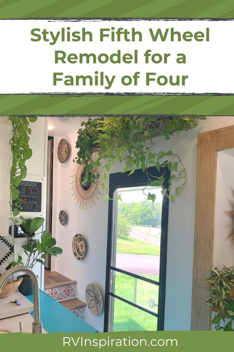 Looking for inspiration for your next RV renovation project? Look no further than this stylish fifth wheel remodel for a family of four! Whether you're a full-time RVer or just looking to upgrade your weekend getaway, this remodel is sure to inspire. Check out our blog post for all the details and start planning your own stylish fifth wheel renovation today! #fifthwheel #rvremodel #rvrenovation Rv Renovation Exterior, Fifth Wheel Remodel, Rv Newbies, Rv Models, Rv Inspiration, Front Door Trim, Rv Dreams, Rv Renovation, Renovation Tips