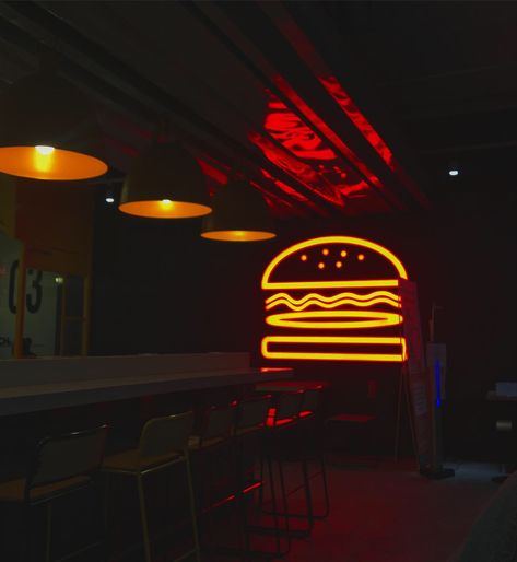 Burger’s light Burger Place Aesthetic, Neon Burger, Burger Store, Burger Packaging, Burger Kitchen, Burger Dogs, Burger Places, Food Park, Bicycle Decor