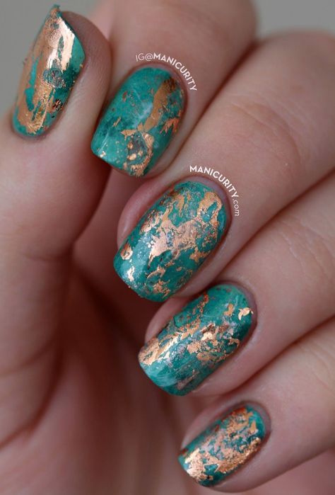 Nails Nails Marble, Copper Nails, Stone Ideas, Boho Nails, Green Nail Art, Gold Nail Designs, Gold Nail, Ideas Nails, Foil Nails