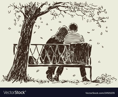 Couple Sitting Together Drawing, Couple Sitting Together, Together Drawing, Bench Drawing, Art Mini Toile, Back Drawing, Sitting Together, Couple Sitting, Scene Drawing