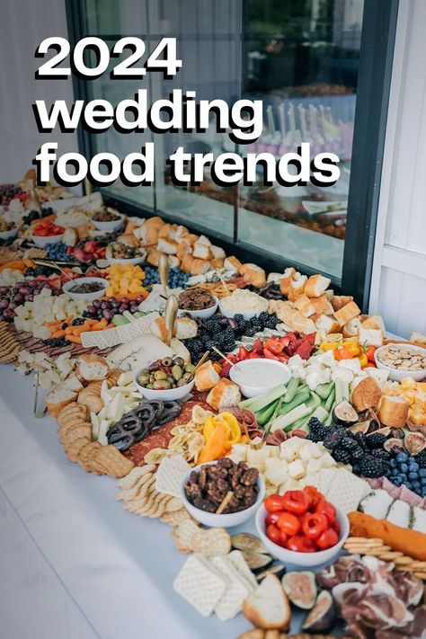 2024 wedding food trends Fun Wedding Dinner Ideas, Unconventional Wedding Food, Simple Food Ideas For Wedding Reception, Lunch Wedding Reception Food, Catering Wedding Food, Outdoor Wedding Reception Food Ideas, Garden Wedding Food Ideas, Micro Wedding Dinner Ideas, Trending Wedding Reception Ideas