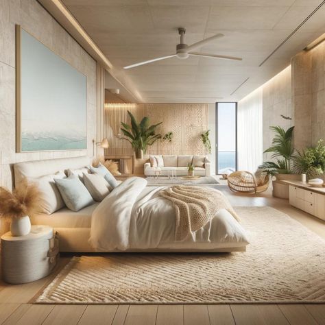 Calm Master Suite, Luxury Beach Bedroom, Modern Master Suite, Modern Guest Bedroom, Wellness Home, Hotel Room Interior, Plush Bed, Brighter Bedroom, Luxury Hotel Room