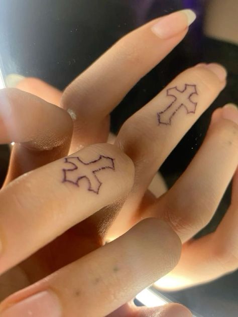 Stick N Poke Matching Tattoos, Easy Stick And Poke Tattoo Ideas Grunge, Matching Tattoos Stick And Poke, Stick And Poke Matching Tattoos, Grunge Matching Tattoos, Cross Finger Tattoo, Easy Stick And Poke Tattoo, Simple Matching Tattoos, Cross Finger Tattoos