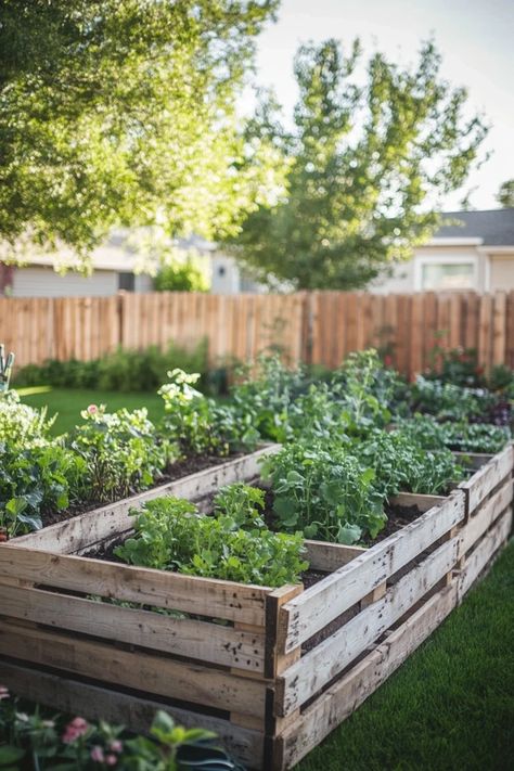 "Add rustic charm to your garden with a DIY Pallet Bed! 🛠️🌿 A great way to grow plants and vegetables in style. 🌿✨ #DIYGardenInspo #PalletUpcycle #GardenIdeas" Flower Bed Pallet Ideas, Pallet Garden Boxes, Things To Make With Pallets, Wood Pallet Garden Ideas, Pallet Garden Fence, Pallet Garden Bed, Diy Garden Planters, Pallet Garden Box, Pallet Garden Ideas