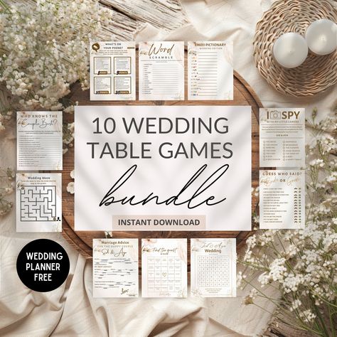 This digital template is for personal use only and can be gifted to a friend or family member, but it is not for resale.  Transform your wedding celebration with our 10 Wedding Table Games Bundle! This collection offers interactive icebreakers and entertaining challenges, all customizable to add a unique touch of fun and excitement. Imagine your guests engrossed in a lively game of bingo or a heartwarming scavenger hunt - these digital designs ensure every moment is filled with joy and laughter, creating unforgettable memories. Inside You'll Find: 10 Canva Templates  8.5" by 11" Bundle of Wedding Games  FREE: The Ultimate Wedding Planner (126 pages)  Guess Who Said It? - Based on    .#WeddingPlanning #BrideToBe #WeddingInspiration #EventPlanning #DreamWedding Wedding Games Table, Micro Wedding Activities, Wedding Activities Ideas, Wedding Table Games For Guests, Wedding Entertainment Ideas For Guests, Fun Wedding Ideas Reception, Cheap Small Wedding Ideas, Wedding Board Games, Diy Wedding Ideas On A Budget