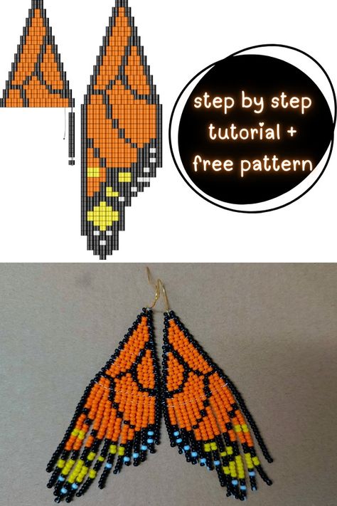 How to Make Beaded Butterfly Fringe Earrings – Free 9 Step-by-Step Tutorial - Style Zuri Free Earring Patterns, Free Beading Patterns Tutorials, Seed Bead Earrings Diy Free Pattern, Fringe Earrings Diy Tutorials, Seed Bead Jewelry Patterns How To Make, Seed Bead Jewelry Patterns Free, Bead Work Tutorial, Butterfly Bead Pattern, Native Beading Patterns Tutorials