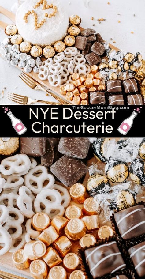 New Years Food Ideas Desserts, News Years Party Food, New Year’s Eve Dinner Theme, New Years Eve Party Ideas Food Desserts, New Years Dessert Charcuterie Board, Ideas For New Years Eve Party, New Year’s Eve Dessert Table, New Years Eve Snacks For Kids, Classy New Years Eve Party