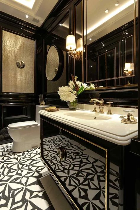 Step into the future with our art deco-inspired bathrooms that blend modern technology with timeless elegance. Experience the sleek lines, geometric patterns, and luxurious materials that define this iconic design movement. Our bathrooms are a celebration of innovation and style, creating a space that transcends time. #ArtDecoBathrooms #FuturisticDesign #TimelessElegance #ModernLuxury Speakeasy Bathroom Interior Design, Art Deco Bathroom Ideas, Art Deco Toilet, Art Deco Powder Room, Art Deco Bathrooms, Art Deco Style Interior, Residence Interior, Art Deco Bathroom, Art Deco Interior Design