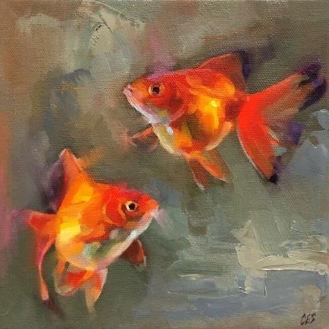 Goldfish Oil Painting, Goldfish Acrylic Painting, Paintings Fish, Stylized Painting, Goldfish Drawing, Fish Acrylic Painting, Artbook Design, Gold Fish Painting, Goldfish Painting