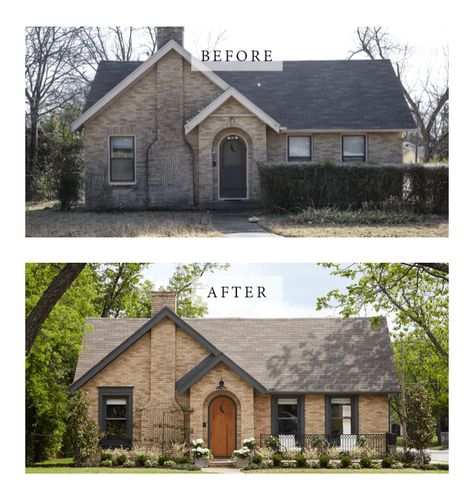 Before an After Brick Home Exterior. Fixer Upper Season 5 Pink Brick Exterior Makeover, 1950s Brick House, Brick Home Trim Color Ideas, Yellow Brick House Exterior Makeover, Tan Brick House With Black Trim, Brick And Wood House Exterior, Blond Brick House Exterior, Blonde Brick Exterior, Yellow Brick House Exterior Update