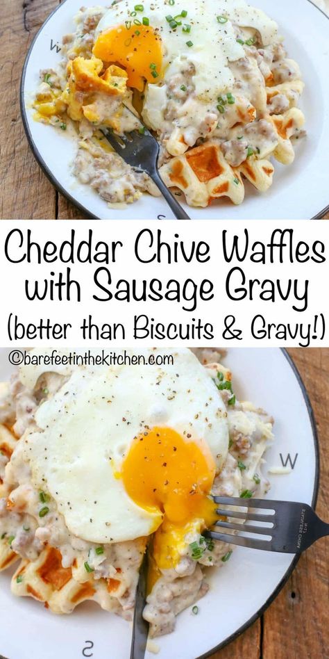 Cheddar Chive Waffles with Sausage Gravy are an unforgettable breakfast! get the recipe at barefeetinthekitchen.com Fall Breakfast Ideas Savory, Griddle Breakfast, Breakfast Bakes, Waffle Iron Recipes, Thanksgiving Breakfast, Waffle Maker Recipes, Breakfast Bites, Sausage Gravy, Quick Lunch