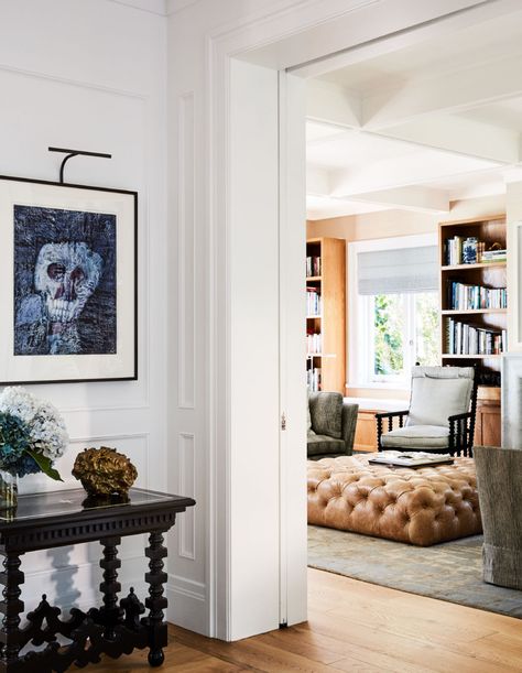 Melissa Marshall Interior, Palermo House, Floor Aesthetic, Guatemalan Decor, Melissa Marshall, Tufted Leather Ottoman, Decor Vignettes, Panelled Walls, Library Rooms