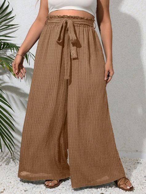 Plus Paperbag Waist Belted Wide Leg Summer Pants Brown    Woven Fabric  Wide Leg Non-Stretch  Women Plus Clothing, size features are:Bust: ,Length: ,Sleeve Length: Brown Wide Leg Linen Bottoms, Wide Leg Summer Pants, Cheap High-waisted Brown Wide Leg Pants, Brown Linen Wide-leg Pants, Brown Wide-leg Beach Pants, Summer Full-length Brown Harem Pants, Bow Shorts, Breast Tape Lift, Pants Brown