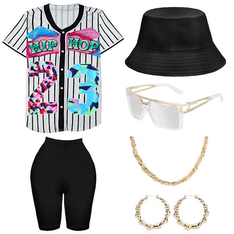 PRICES MAY VARY. 【80s 90s Neon Costumes & Accessories Set】：Includs 6 accessories, baseball jersey shirt x1, yoga pants x1, bucket hat x1, artificial gold rope chain x1, hip hop glasses x1, 1 pair of earrings. This complete outfit and accessory set is perfect for any 80s 90s-themed party, allowing you to stand out and express your hiphop style. 【Bright Colored Accessories】：Bright and colorful colors make you stand out at parties in the 80s 90s. Baseball jersey shirt, short sleeve yoga pants, and 80s Outfits Hip Hop, Hip Hop Costumes Women, 2000s Fashion Hip Hop Women, 1990s Womens Fashion, Hip Hop Outfits For Women Street Styles, 90s Attire For Party Women, 90s Party Outfit Black Women, Cute 90s Outfits, 90s Theme Party Outfit Women