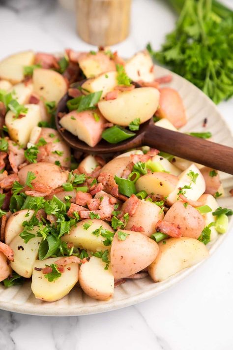 Hot German potato salad has tender, warm potatoes mixed with a slightly sweet and tangy dressing. This savory potato recipe is perfect as a side dish and packed full of flavor. Savory Potato Recipes, Hot German Potato Salad, Bavarian Potato Salad, Warm German Potato Salad, Tasty Potato Recipes, American Potato Salad, Potatoes Crispy, Warm Potato Salads, Potato Bacon