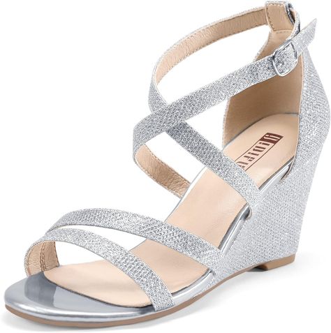 Amazon.com | IDIFU Women's 3 Inch Strappy Wedge Sandals Open Toe Dressy Wedges For Women Black Nude Silver White Bridal Wedge Heels On Wedding Evening Summer(Silver Glitter, 9 M US) | Platforms & Wedges Bridal Wedges, Dressy Wedges, Silver Wedge Sandals, Dress Shoes For Women, Blue Wedge Sandals, Womens Strappy Sandals, White Wedge Sandals, Silver Wedges, Bridal Wedding Shoes