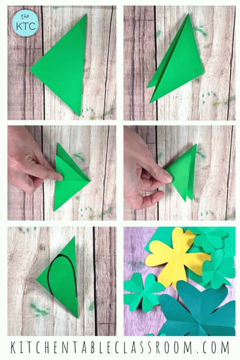 Follow along these simple steps to cut a paper four leaf clover. Four Leaf Clover Crafts For Kids, How To Make A Four Leaf Clover, How To Cut A Shamrock Out Of Paper, Paper Shamrocks, Four Leaf Clover Craft, 4 Leaf Clover Craft, Clover Craft, Shamrock Garland, Paper Folding Crafts