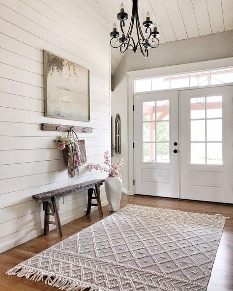 Shiplap Foyer, Shiplap Entryway, Shiplap Ceiling, Shiplap Walls, White Shiplap Wall, Farmhouse Entryway, White Decorative Pillows, Small Entryways, White Shiplap