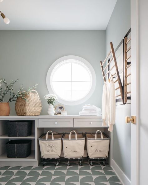 Laundry Room Window Targets Beauty and Practicality | Pella Comfort Gray Sherwin Williams, Sherwin Williams Comfort Gray, Laundry Inspiration, Mudroom Paint Color, Gray Sherwin Williams, Laundry Room Paint Color, Rustic Staircase, Mudroom Flooring, White Oak Hardwood Floors