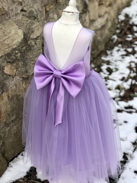 Lilac Flower Girl Dress V-neckline Back Bow Dusty Rose Pink | Etsy Flower Girl Dresses Purple, Spring Bridesmaids, Mushroom Wedding, Lavender Flower Girl Dress, Lilac Flower Girl Dresses, Purple Flower Girls, Lace Top Wedding Dress, Lilac Bridesmaid, Purple Flower Girl Dress