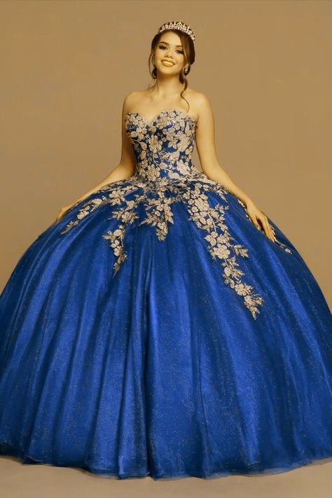 royal blue 15 dress Royal Blue Quinceanera Dresses Gold, Royal Blue And Gold Quinceanera, Gold Quince Dress, Tulle Quinceanera Dresses, 15 Birthday Dresses, Royal Blue Ball Gown, Red Quinceanera Ideas, Red Quinceanera Dress, Royal Blue Quinceanera Dresses