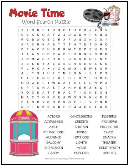 Movie Time, Word Search Puzzles, The Theater, Popcorn, Word Search, Word Search Puzzle