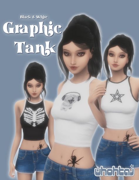 [Uh0htaj] Black & White Graphic Tank | uh0htaj on Patreon Sims 4 Alpha Cc Presets, Sims 4 Cc Piercings Nose Bridge, Y2k Sims4 Cc, Sims Clothes Mods, Sims 4 Otaku Cc, Sims 4 Body Mods Hip Dips, Sims 4 Cc Hot Weather Clothes, Los Sims 4 Mods, Ts4 Mods