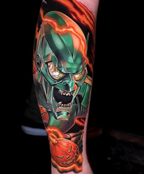 Green Goblin Tattoo, Goblin Tattoo, Bullet Tattoo, Cover Up Tattoos For Men, Hero Tattoo, Spiderman Tattoo, Avengers Tattoo, Green Tattoos, Half Sleeve Tattoos Drawings