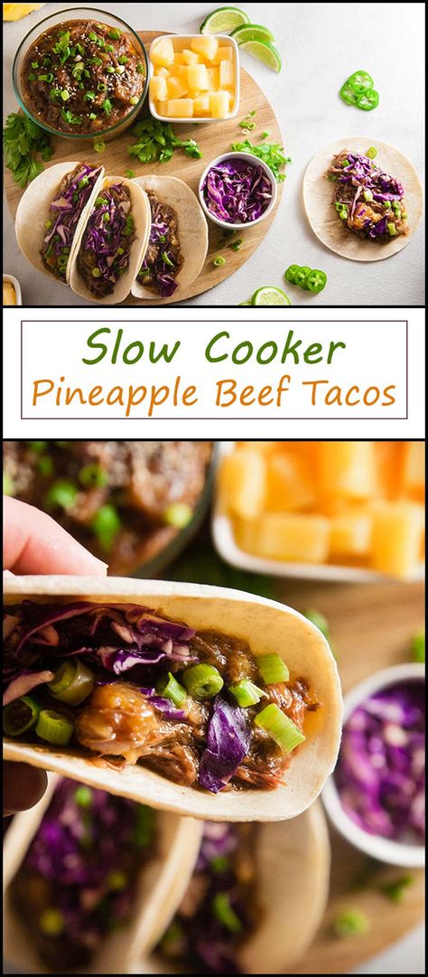 Slow Cooker Pineapple Beef Tacos recipe for a delicious no fuss weeknight meal from www.seasonedsprinkles.com #slowcooker #recipe #dinner #taco #tacoTuesday #beef #pineapple Beef Pineapple, Beef Tacos Recipes, Hearty Comfort Food, Beef Tacos, Dinner Plans, Weekend Dinner, Summer Meals, Recipe Dinner, Crockpot Beef