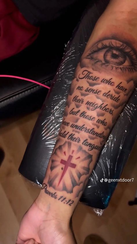 Middle Arm Tattoo Men, Scripture Forearm Tattoo, Unique Bible Tattoos, Thug Tattoos For Women Arm, Prayer Tattoo Men, Bible Verse Tattoos For Men Forearm, Back Tattoo Sleeve, Dope Tattoos For Men, Forearm Tattoo Men Sleeve Clouds