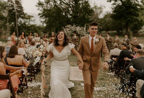 Outdoor Bohemian Recessional with Vintage Wedding Dress and Light Brown Suit Brown Suit Boho Wedding, Brown Suit Wedding Groomsmen, Light Brown Groom Suit, Light Brown Tuxedo Wedding, Light Brown Wedding Suit, Light Brown Groomsmen Suits, Wedding Brown Suit, Brown Tuxedo Wedding, High School Golf Team