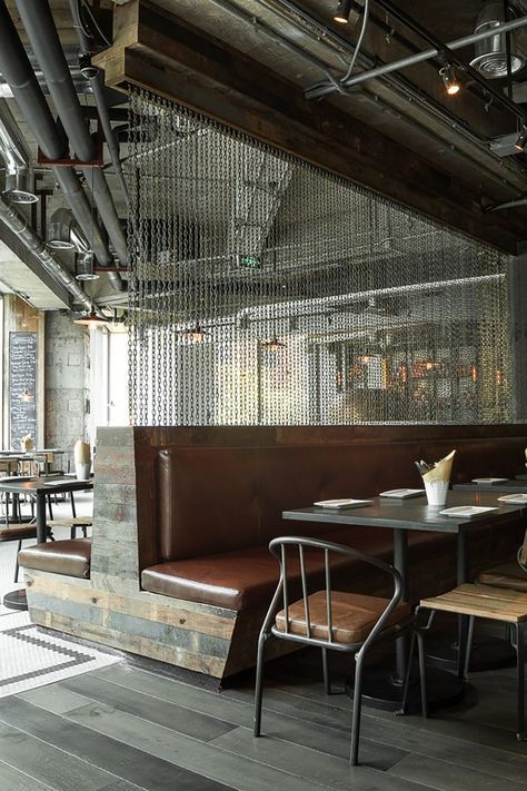 Liquid Laundry / hcreates, double sided banquet material mix of wood/leather, permeable privacy screen Industrial Restaurant Design, Cafe Industrial, Brewery Design, Industrial Cafe, Restaurant Booth, Industrial Style Home, Industrial Restaurant, Loft Stil, Bar Interior Design