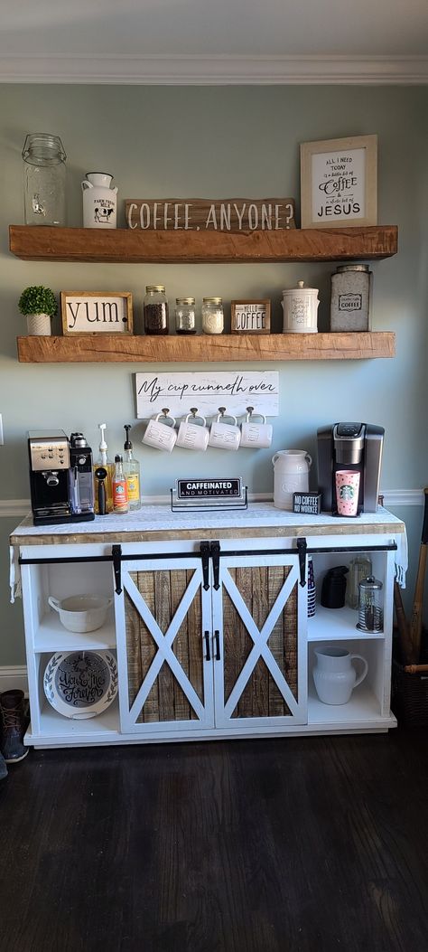 Dining Room Design With Coffee Bar, Farm Style Coffee Bar, Coffee Bar Cup Storage, Home Office With Coffee Bar, Coffee Bar Inspiration Farmhouse, Accent Wall Behind Coffee Bar, Rustic Coffee Bar Ideas Farmhouse Style, Coffee Bar Room Ideas, Coffee And Espresso Bar