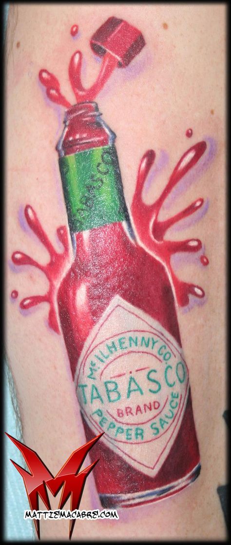 Tabasco....if I ever get a tattoo, I would consider this. Tabasco Tattoo, Cajun Tattoo, Hot Sauce Tattoo, Tatted Quotes, Food Tattoo, Tabasco Pepper, Louisiana Hot Sauce, Food Tattoos, Bottle Tattoo