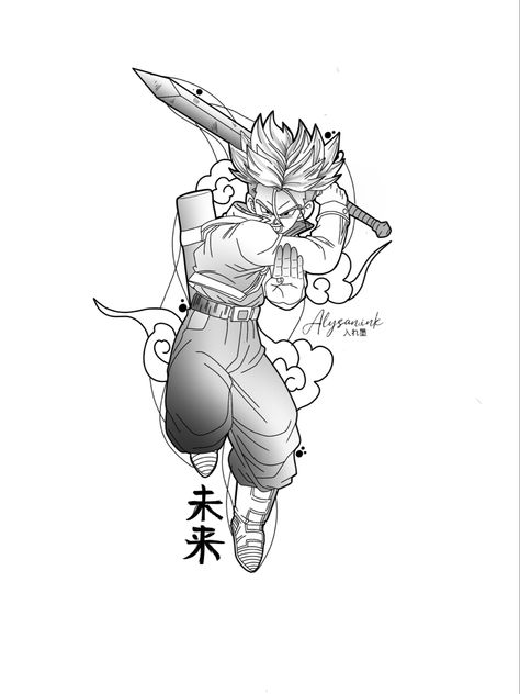 Future Trunks Tattoo Design, Future Trunks Tattoo, Trunks Tattoo Ideas, Trunks Dbz Tattoo, Trunks Tattoo, Dragonball Tattoo, The Weeknd Tattoo, Long Tattoo, Shen Long Tattoo