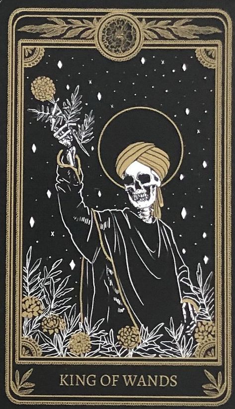 Marigold tarot Tarot Cards King Of Wands, King Tarot Card, King Of Wands Tarot, King Of Wands, Wands Tarot, Wiccan Spell Book, Tarot Cards Art, Halloween Wallpaper Iphone, Goth Art