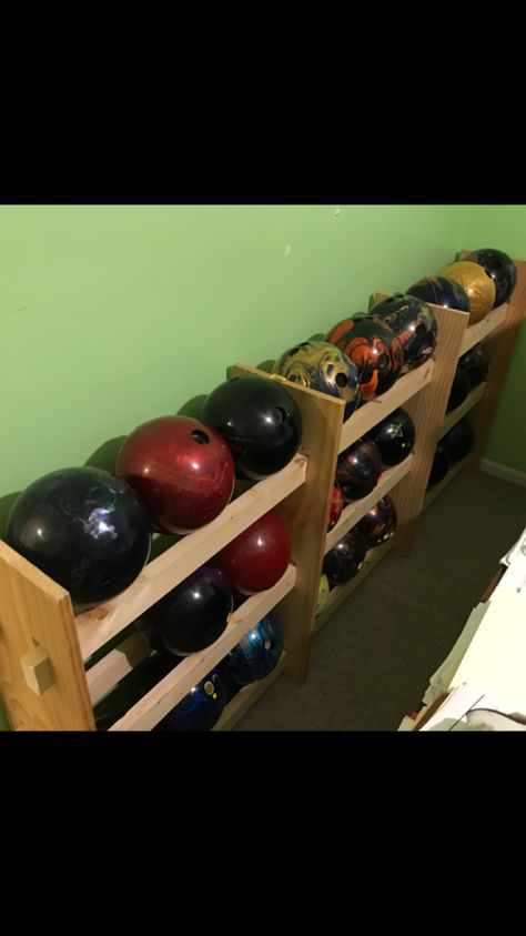 DIY Bowling Ball Rack Bowling Ball Storage Ideas, Bowling Ball Rack, Bowling Ball (diy), Bowling Ideas, Diy Bowling, Bowling Balls, Garage Makeover, Bowling Ball, Unique Diy Gifts