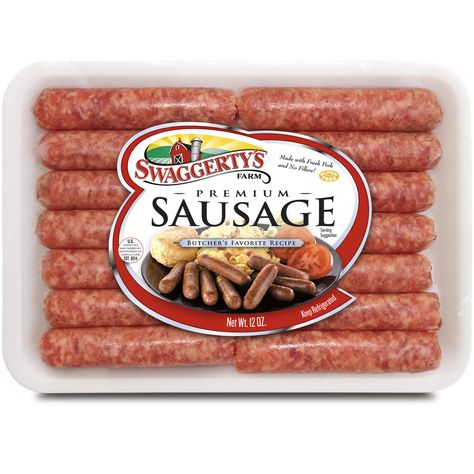 Swaggerty's premium pork sausage is made fresh daily from our best cuts of pork using no artificial fillers and seasoned with our Butcher’s Favorite Recipe of spices.  Ask for it by name in your favorite fresh or frozen meat department! Charcuterie Shop, Lap Xuong, Sausage Packaging, Bite Size Breakfast, Sausages Packaging, Best Freeze Dried Food, Breakfast Sausage Links, Frozen Pasta, Donut Dessert