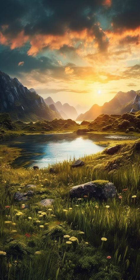 Fantasy Meadow Landscape, Golden Sunset Painting, Sunset Mountain Painting, Fantasy Sunset, Mountain Sunset Art, Mountain Sunsets, View Of Mountains, 3d Mountain, Country Wallpaper