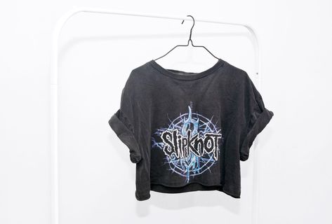 Diy crop top from an old band tee #bandtee #bandtshirt #merch #bandmerch #croptop #slipknot #diy #diyfashion Slipknot Crop Top, Cropped Band Tee, Mall Goth Aesthetic, Fishnet Crop Tops, Diy Crop Top, Rambling Rose, Beach Crop Tops, Embellished Crop Top, Red Lace Top